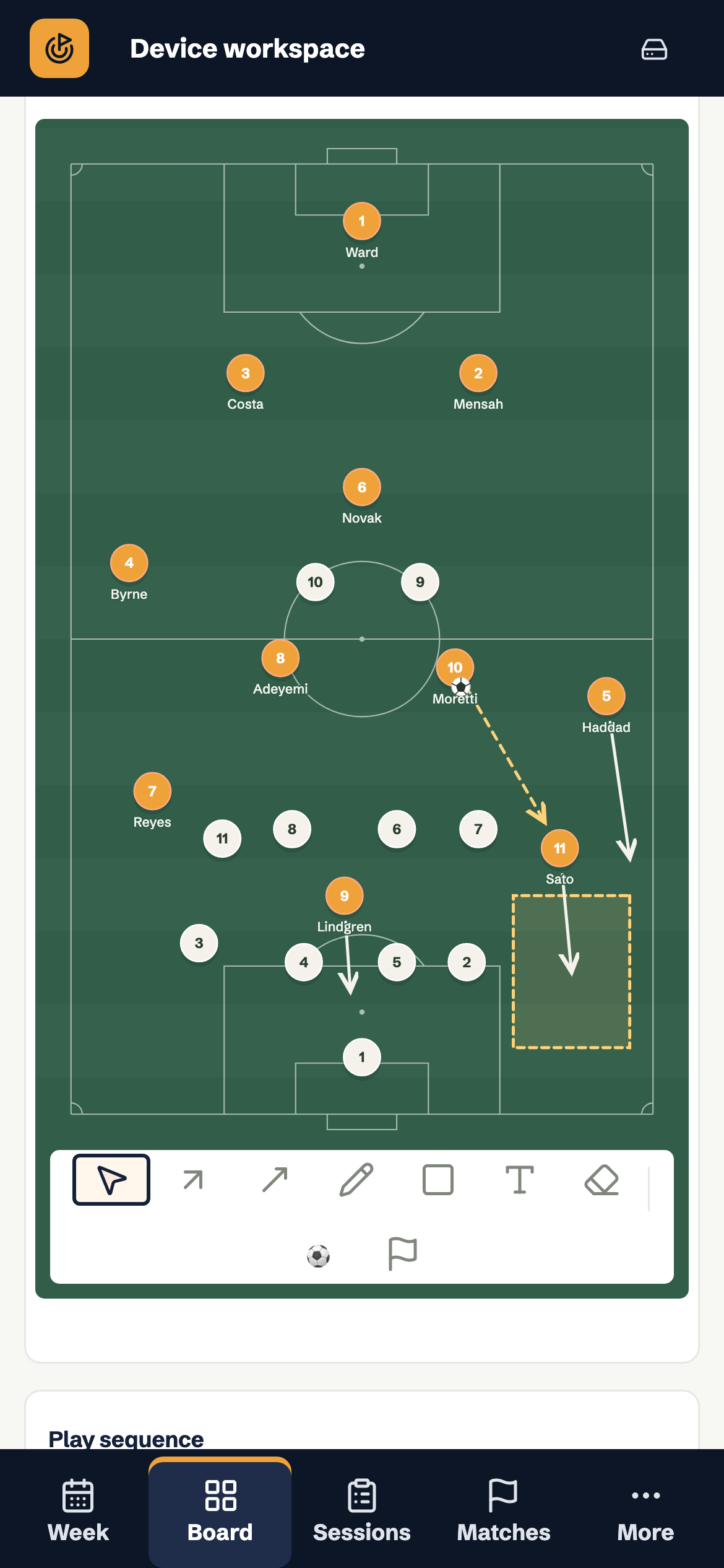 Tactelier’s real portrait tactics board on a phone, with fictional players.
